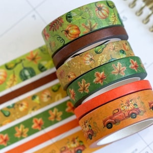 Fall Autumn Pumpkins Leaves Green Orange Fall Colors Washi Tape Set. Planner Envy Washi Set  - W031