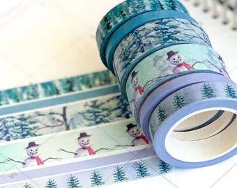 Snowman Forest Snowy Trees Washi Tape Blue White Periwinkle. Snow Winter Planner Stickers January 2021 Planner Envy Subscription Box  - W006