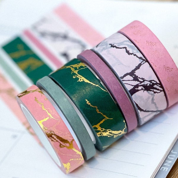 Marble FOILED Gold Green and Pink White Spring March Planner Envy Washi Tape Set  - W053