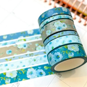 Teal Blue Spring Flowers Washi Tape Set May 2024 W107 image 2