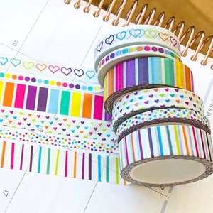 Rainbow Hearts Stripes Bright Polka Dots Washi Tape Set. Planner Envy Washi Set - W001