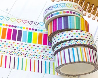 Rainbow Hearts Stripes Bright Polka Dots Washi Tape Set. Planner Envy Washi Set - W001