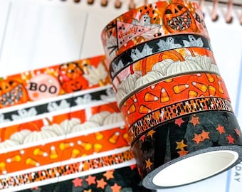 Halloween Spooky Ghosts Pumpkins Candy Corn Trick or Treating Stars Black Orange Washi Tape Set October 2023  - W093