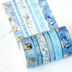 Set de cintas washi con animales de nieve, pingüinos, osos polares y focas, animales árticos invernales, enero de 2024 - W099