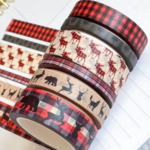 Buffalo Plaid Washi Tape Deer Christmas Holiday Tan Red Black Washi Tape Set. Planner Envy Washi Set  - W038