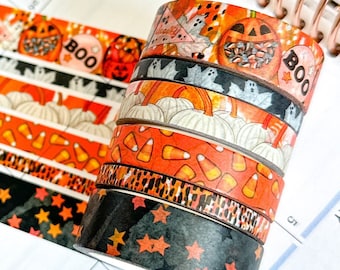 Halloween Spooky Ghosts Pumpkins Candy Corn Trick or Treating Stars Black Orange Washi Tape Set October 2023  - W093