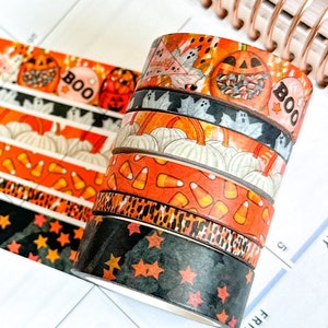 Halloween Spooky Ghosts Pumpkins Candy Corn Trick or Treating Stars Black Orange Washi Tape Set October 2023  - W093