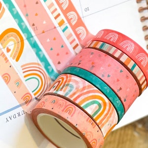 Boho Rainbows Peach Summer Pink Rose Gold Hearts Stripes Washi Tape Set June 2022 Planner Envy Subscription Box  - W059