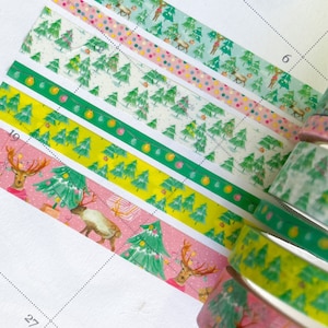 Christmas Holiday Washi Deer Reindeer Bright Pink Green Lights Polka Dots Tape Set. Planner Envy Washi Set  - W037