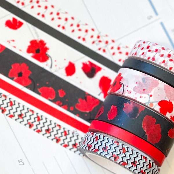 Poppies Red and Black Flowers Valentines Day February Washi Tape Set. Planner Envy Washi Tape Set  - W051
