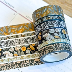 Black & Brown Floral Retro Summer Flowers Washi Tape Set August 2023  - W088