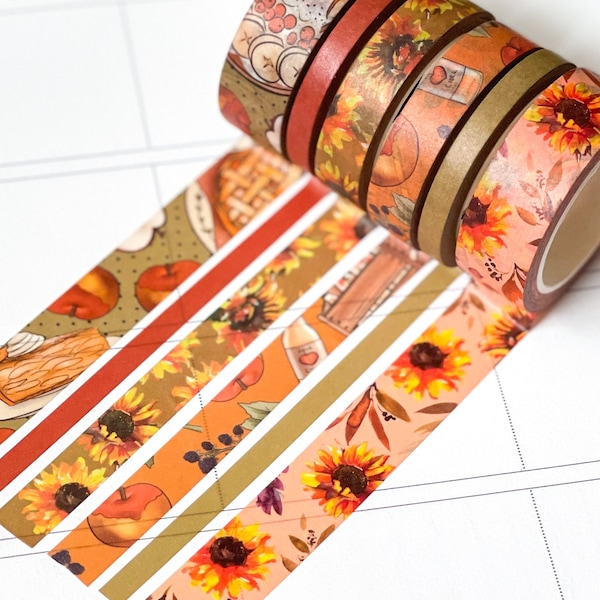 Apples Sunflowers Fall Autumn Washi Tape set. Apple Pie, Foliage. Planner Stickers Washi September 2020 Planner Envy Subscription Box - W012