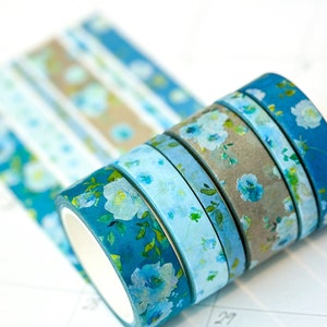 Teal Blue Spring Flowers Washi Tape Set May 2024 W107 image 1