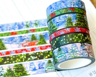 Winter Christmas Snowy Trees Forest Red Truck Snow Covered Washi Tape Set December 2023  - W097