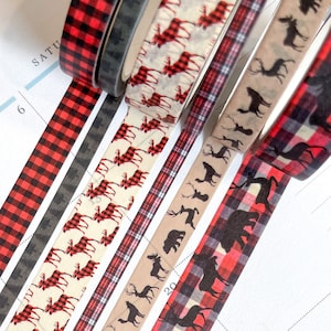 Buffalo Plaid Washi Tape Deer Christmas Holiday Tan Red Black Washi Tape Set. Planner Envy Washi Set  - W038