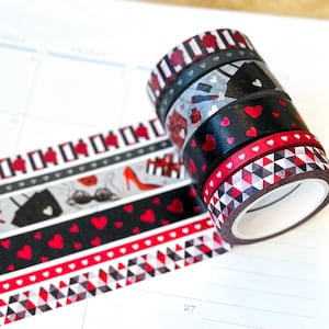 Valentines FOILED Red and Black Hearts Romantic Bachelorette Valentines Day February Washi Tape Set. Planner Envy Washi Tape Set  - W050