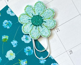 Glitter Teal Blue Flower 2.5 inch Feltie Paperclip - Decorative Paperclip Bookmark For Your Planner