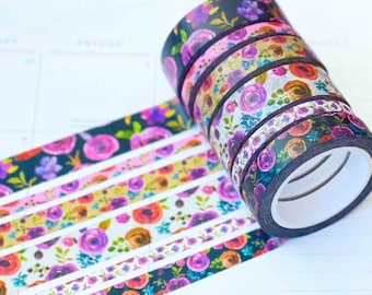 Purple Navy Floral Washi Tape Set. Flowers Spring Fall Purple Navy and Green Planner Envy Washi Set  - W045