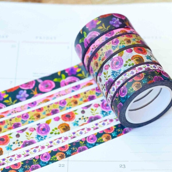 Purple Navy Floral Washi Tape Set. Flowers Spring Fall Purple Navy and Green Planner Envy Washi Set  - W045