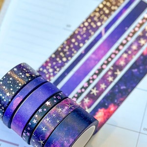 Galaxy FOILED Space Stars Astrology Washi Tape Purple Black Silver. Planner Stickers Washi August 2020 Planner Envy Subscription Box  - W011