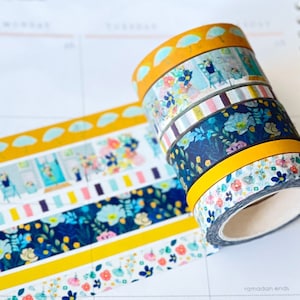 Spring Yellow Umbrellas Blue Navy Floral Flowers Rain Washi Tape Set. Planner Envy Washi Set  - W021