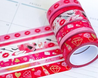 Valentines Day Vday Red Pink Lips Hearts Date Night Anniversary Washi Tape Set. Planner Envy Washi Set  - W047