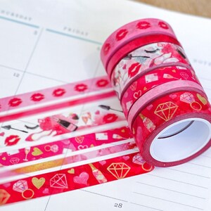 Valentines Day Vday Red Pink Lips Hearts Date Night Anniversary Washi Tape Set. Planner Envy Washi Set  - W047