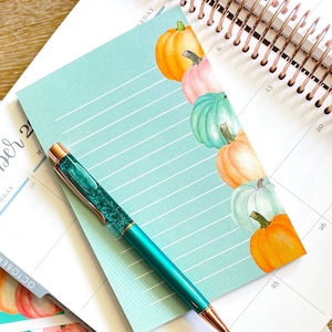 Pastel Pumpkins 4x6 Notepad Pen Teal Orange Halloween. October 2022 Planner Envy Subscription Box.