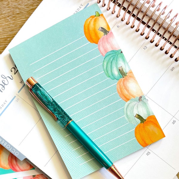 Pastel Pumpkins 4x6 Notepad Pen Teal Orange Halloween. October 2022 Planner Envy Subscription Box.