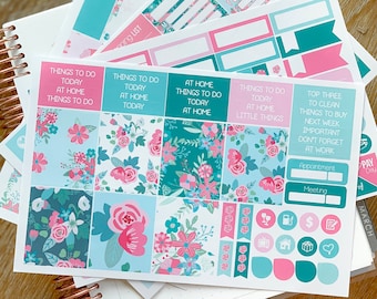 Spring Floral Teal Pink Flowers Planner Stickers Weekly Kit to be used with Erin Condren & Happy Planner - 134 Stickers (#12,028)