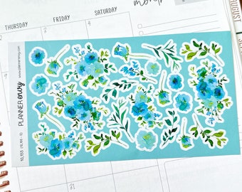 Blue Teal Flowers Floral Bouquets Arrangements Spring Summer May Deco Planner Stickers (#10,155)