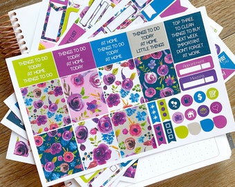 Purple Fall Floral Planner Stickers Weekly Kit to be used with Erin Condren & Happy Planner - 134 Stickers (#12,059)