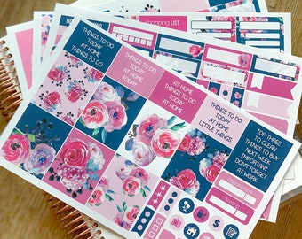 Navy Pink Floral Spring Flowers Planner Stickers Weekly Kit to be used with Erin Condren & Happy Planner - 134 Stickers (#12,070)