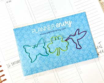 Set of 3 Spring Shaped Paperclips - Butterfly, Hummingbird, Shamrock - Decorative Paperclips For Your Planner