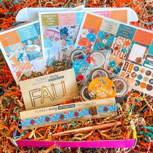 Fall Autumn Shaped Letter Paperclips, Teal Blue & Orange Floral Leaves Washi Tape. September 2022 Planner Envy Subscription Box.