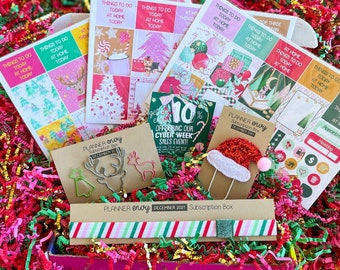 Holiday Vintage Christmas Planner Stickers Santa Hat Paperclip. Red Green Stripes Pink December 2021 Planner Envy Subscription Box.