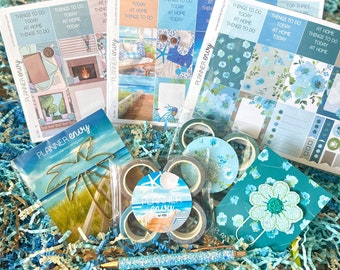 Spring Teal Blue Flowers Beach Seaside Escape. Planner Stickers & Accessories. May 2024 Planner Envy Subscription Box.