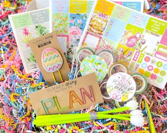 Spring Easter Flowers Floral Bunnies Chicks Tulips Mint Green and Pink Paperclips Flower Pens. April 2023 Planner Envy Subscription Box.