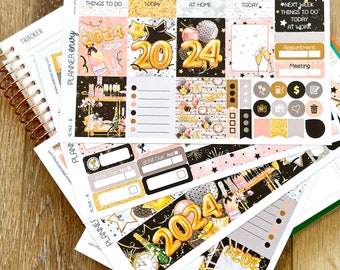 NEW Kit Format! 2024 New Years Even NYE Party Celebration Planner Stickers Vertical Weekly Kit - 133 Stickers (#12,143)