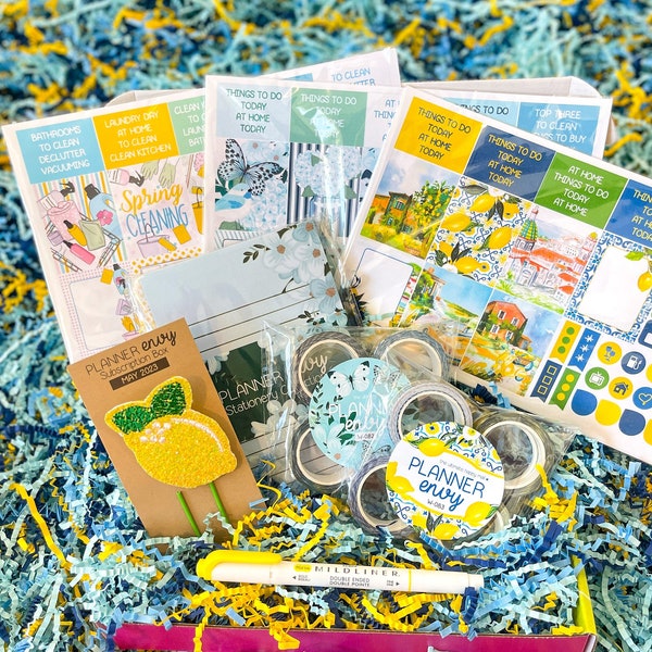 Lemons Italy Tuscany Spring Cleaning Birds Bunnies Light Blue Navy Yellow. May 2023 Planner Envy Subscription Box.