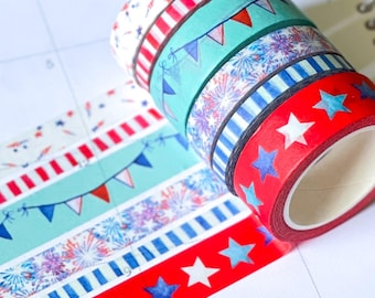 4th Of July Red White & Blue Star Stripes Washi Tape Set (#W025)