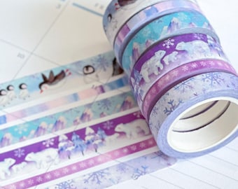 Penguins Polar Bears Snowflakes Purple & Blue Winter Snow Animals Washi Tape Set (#W041)