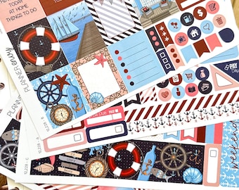 Nautische strandzeilboten Rode en blauwe schelpen plannerstickers 4-pagina's per weekpakket - 133 stickers (12.228)