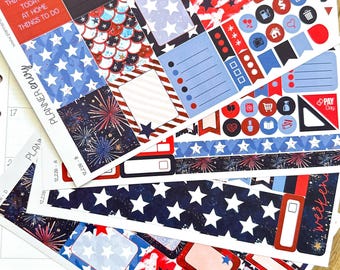 4th of July Red White Blue Stars Stripes Planner Stickers 4-Page Weekly Kit - 133 Stickers (#12,226)