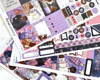 Winter Snowmen Cold Trees Snow Navy & Pink Planner Stickers 4-Page Weekly Kit - 133 Stickers (#12,210)