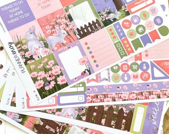 Easter Bunnies Spring Flowers & Grass Planner Stickers 4-Page Weekly Kit - 133 Stickers (#12,218)