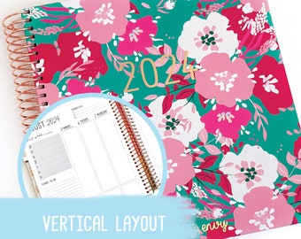 2024 Planner - Planner Envy Vertical Layout - 220 Pages, Spiral Bound with Rose Gold Spiral, Monthly Tabs - "TEAL & PINK FLORAL" (#005)