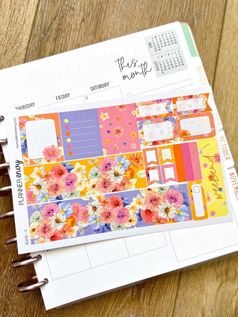 Spring Floral Purple Yellow Coral Pink Flowers Planner Stickers 4-page ...