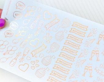FOIL Birthday Celebrate Anniversary Heart Party Icons Rose Gold Planner Stickers (#10,004)