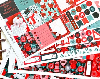Vintage Santa Christmas Reindeer Red & Green Traditional Planner Stickers 4-Page Weekly Kit - 133 Stickers (#12,241)